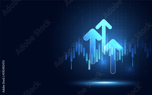 Futuristic raised triple-up arrow chart with candlesticks digital transformation abstract technology background. Big data and business growth currency stock and investment economy. Vector illustration