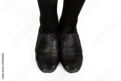 Black Jazz CORRECT standing feet position top down isolated on white background Close up of young female ballet dancer showing various classic ballet feet positions for jazz ballet