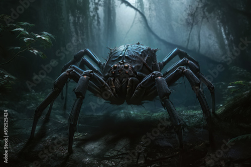scary big spider monster in foggy forest at night. Phobia of spiders. Generative AI illustration
