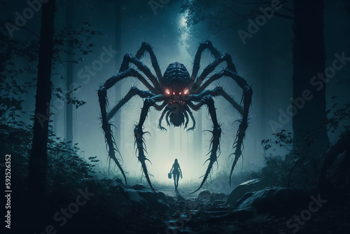 big spider monster in misty forest at night. Arachnophobia and nightmare. Generative AI illustration