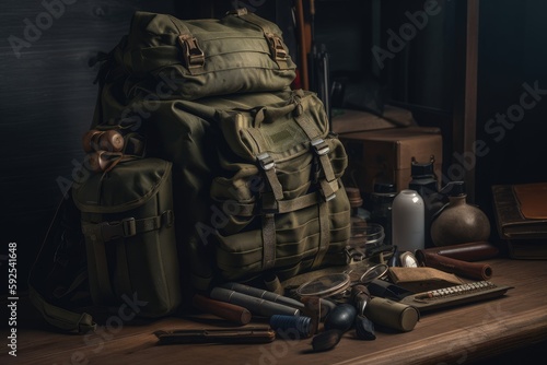 military backpack, filled with ammunition and weapons, created with generative ai