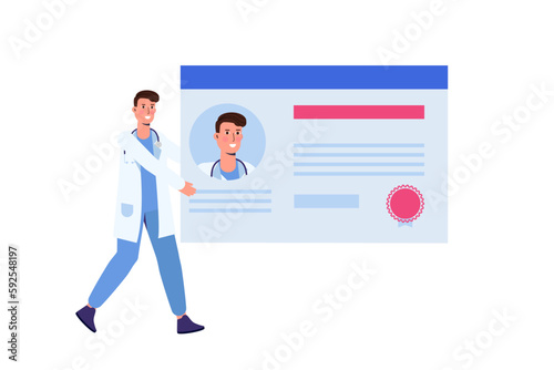 Doctor character hold license or certificate. Vector illustration.