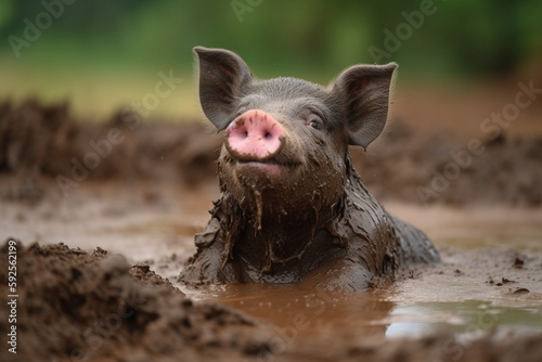 a cute pig is taking a mud bath