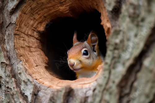 cute squirrel hiding in a tree hole