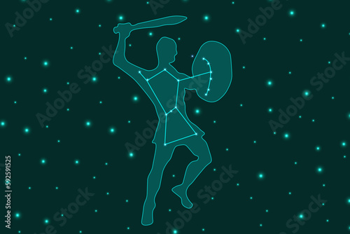 A large horizontal banner with Constellation of Orion. Orion's belt in the starry sky. Astronomical poster. The silhouette of a Greek demigod. Vector illustration. Astrology background. 
