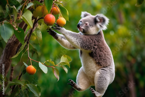 cute koala reaching for fruit on tree