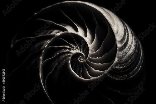 Abstract conceptual illustration of a shell in black and white high contrast. Generative AI