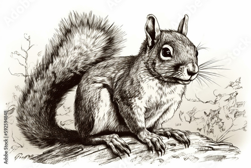 Hand drawn ink illustration of a squirrel in its natural habitat. Generative AI.