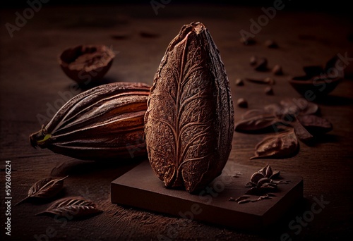 Theobroma cacao, Cocoa bean / engraving. Generative AI
