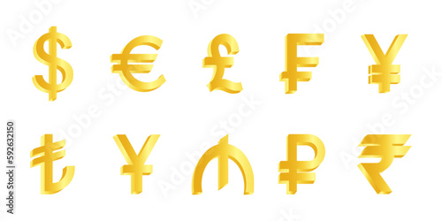 3d gold currency symbol set.
