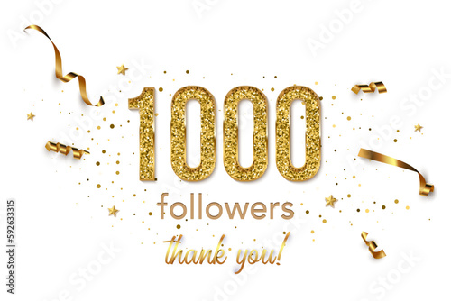 1000 followers celebration horizontal vector banner. Social media achievement poster. One thousand followers thank you lettering. Golden sparkling confetti ribbons. Shiny gratitude text on white