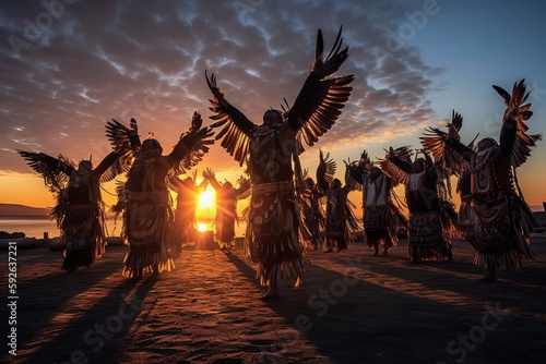 Native American Dancers performing a ceremonial eagle dance, arms outstretched and heads tilted back to portray the majestic bird taking flight on auburn sunset sky. Generative AI