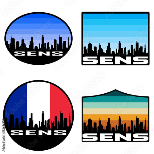 Sens Skyline Silhouette France Flag Travel Souvenir Sticker Sunset Background Vector Illustration SVG EPS AI