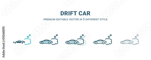 drift car icon in 5 different style. Outline, filled, two color, thin drift car icon isolated on white background. Editable vector can be used web and mobile