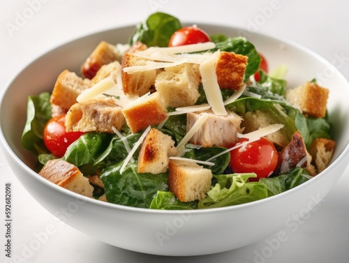 Close-Up Chicken Caesar Salad Bowl Photo.