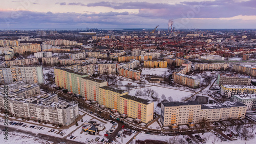A block of flats in the Zaspa district of Gdańsk in a winter atmosphere. Drone view.