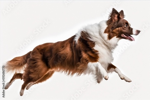 A brown and white Border Collie jumping in a side view of a dog run, isolated against a white background. AI