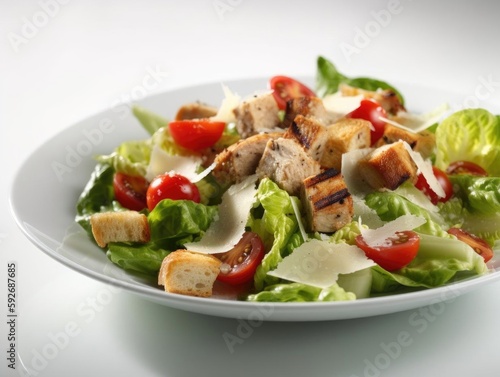 Fresh Caesar Salad with Grilled Chicken Close-Up Shot.