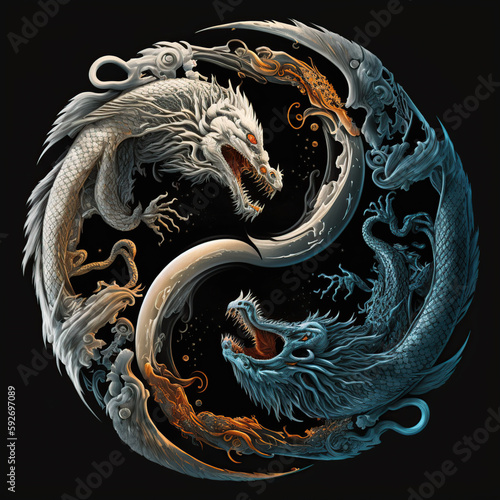 Ilustración de dos dragones formando el yin y el yang. Creative AI