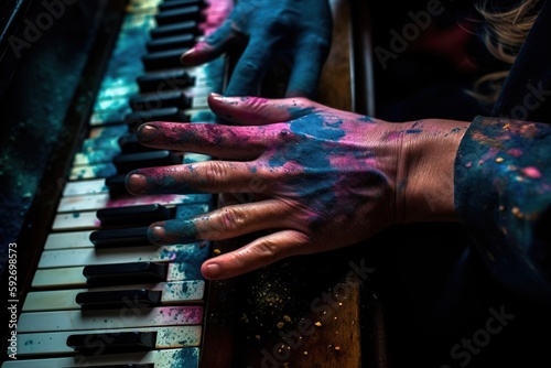 Hands poised to catch notes of soundless music that fill the space between spaces. The harmonies of the spheres manifest as light-forms and arpeggios of brilliant colors. Generative AI