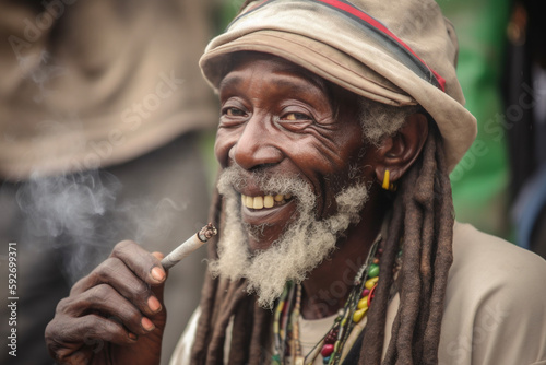 Cheerful rastafarian man smoking weed. AI