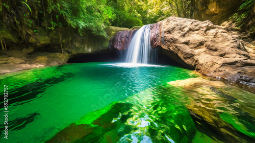 A rushing waterfall cascading into a deep emerald-green pool under the bright sun