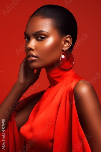black woman in red dress on red background. Generative AI.