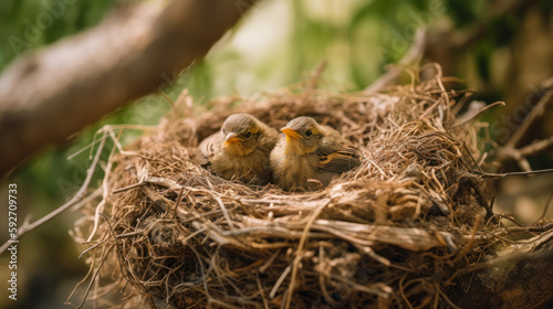 bird babies inside the nest in the forest