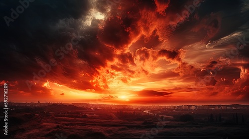 Abstract dark red background. Dramatic red sky. Red sunset with clouds. Fantastic sunset background with copy space for design. Halloween, armageddon, apocalypse, end of the world concept