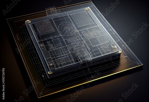 Visualization 3d cad model of solar panel, blueprint. 3D rendering. Generative AI