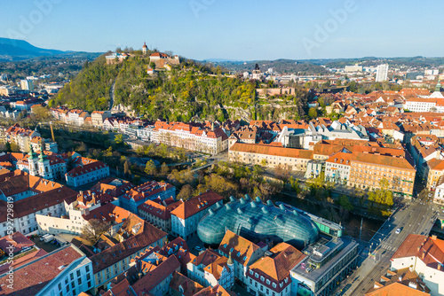 CIty of Graz in Austria on a sunny spring day with the landmark Schloßberg