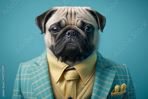 Portrait of a dog pug dressed in a formal business suit, character, generative ai