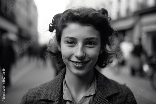 vintage young woman walking through paris street in 1946. Generative AI 