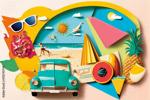 Summer vacation road trip in retro cars, trendy art paper collage design. beach travel collage. Illustration. Generative AI