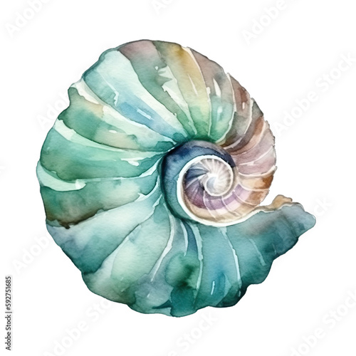 Blue watercolor seashell illustration isolated on transparent background, underwater animals ocean collection. Generative AI