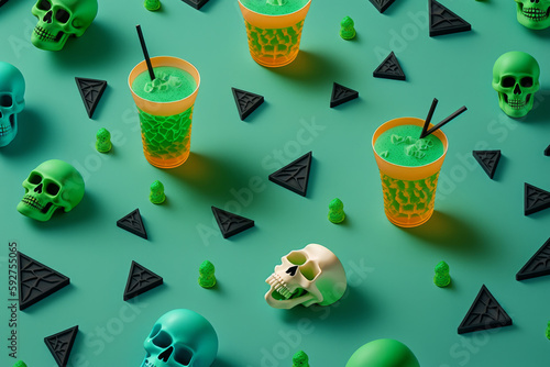 Bebidas divertidas para niños fiesta temática de miedo y terror, especial fiesta de brujas y hechicería, zumos verdes de colores para niños en halloween, hecho con IA