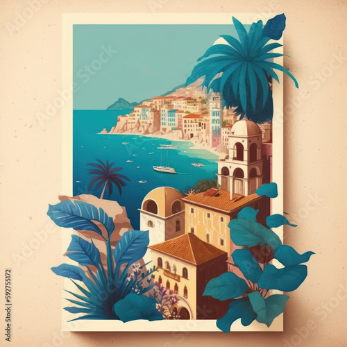 Póster de la costa de Grecia en los años 60, Preciosa postal vintage con palmeras de un pueblo costero en Europa, playa de Italia, hecho con IA