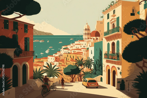 Recuerdo de viaje a Italia, postal antigua de vacaciones en el Mediterráneo, pueblo costero en España, IA generativa
