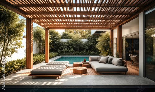 Lavish side outside garden with a teak hardwood deck, a pergola with couches and lounge chairs by the pool. Interior design. Illustration, Generative AI
