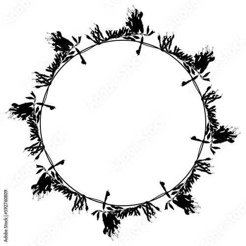 Round floral frame with blooming branches of Salvia Amistad Sage plant. Wreath of flowers. Black silhouette on white background. Isolated vector illustration.