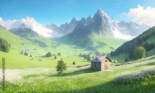 illustration of a mountain landscape in the alps, with a typical house.