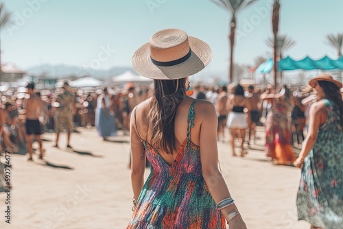 vibrant and bohemian-inspired Coachella festival outfit view from the back, featuring a flowy maxi dress, fringe accessories, a wide-brimmed hat, music festival - Generative AI