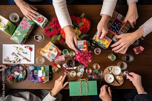 A creative flat lay of a Parents' Day celebration, displaying gifts, cards, and decorations. people sitting at a table with flowers and gifts. Generative AI