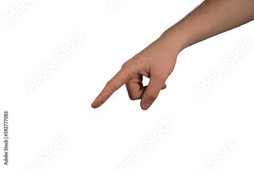 Dłoń w z wyciągniętym palcem wskazującym, pokazujący konkretne miejsce, kierunek. Jasna skóra dłoni mężczyzny.