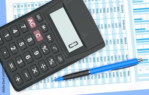 business accounting, a calculator and spreadsheets with financial charts and calculation for project management, 3d illustration