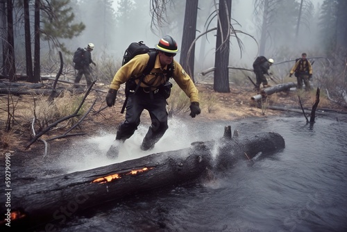 A firefighter walking on a burning log, boots steaming as he tests the stability before the rest of his crew crosses the log. Eyes focused on the path, gloves singed. Generative AI.