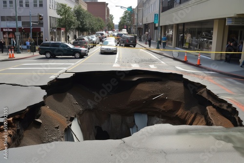 a sinkhole that has opened up on a busy street, with cars driving over the hole, created with generative ai