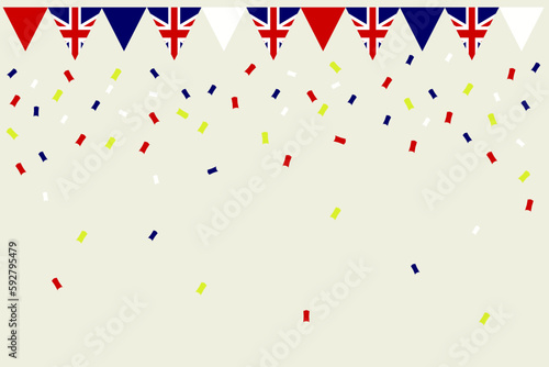  Union Jack flag bunting garland celebration UK background vector illustration coronation parade party.