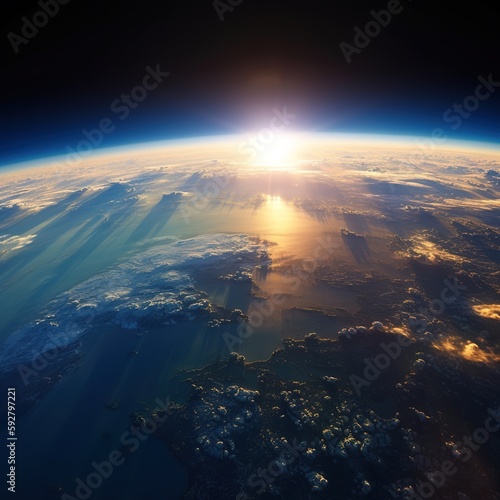 Curvature of planet Earth. Aerial view of blue planet from space. Sunrise over globe land and ocean. generative ai