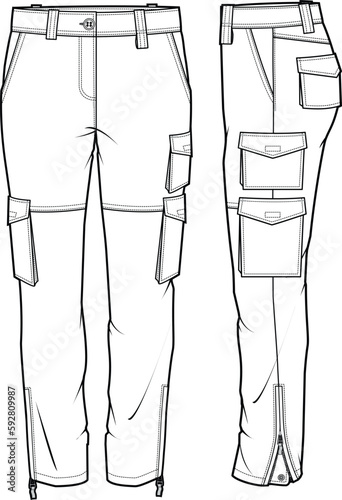 Men cargo pant technical flat drawing template